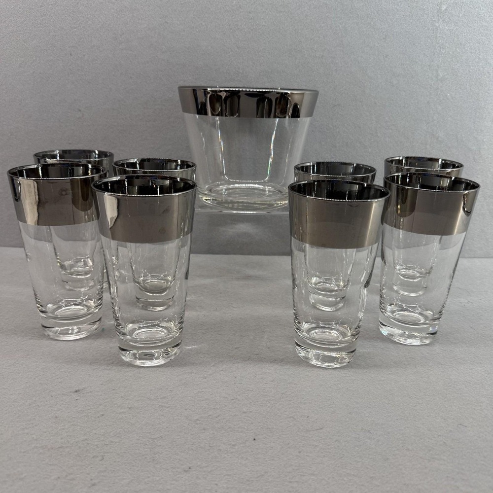 Vtg MCM Silver Rim Highball Glasses Set of 8 & Ice Bucket Dorothy Thorpe Style